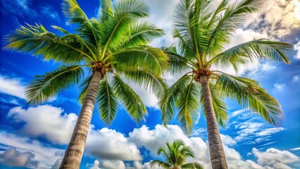 Obraz premium Palm Trees Under Blue Sky - Tropical Landscape with Copy Space for Relaxation and Vacation Themes