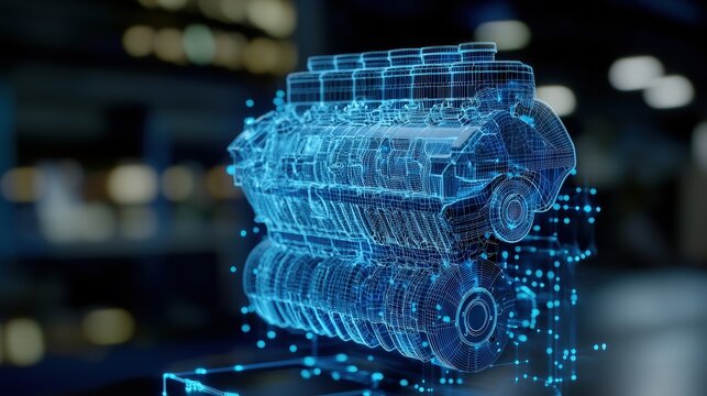 Futuristic Engine Design   Blue Wireframe 3D Model