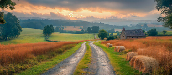 Obraz premium A country path leading past fields with a distant house, under a warm sunset sky