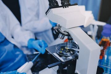 Scientist using microscope in laboratory. Close-up of a researcher's hands adjusting a modern microscope in a lab setting. Science concept