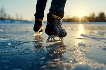 close up Ice skater skating outdoors on a frozen lake