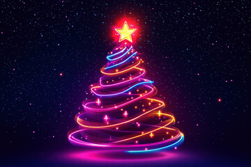 vibrant Christmas tree shines brightly against starry night sky.