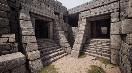 Fototapeta premium Ancient Stone Temple Entrance with Stairs and Carvings 3D Render
