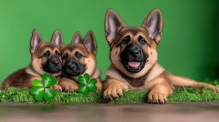 Obraz premium Cute German Shepherd Puppies with Shamrock Clover on Green Grass