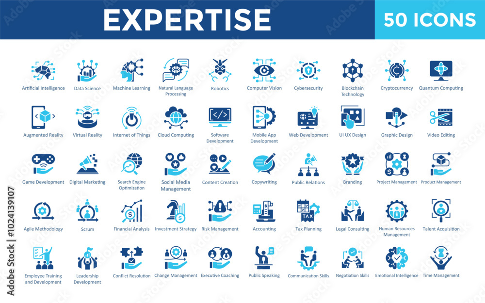 Poster Expertise icon set with artificial intelligence, data science, machine learning, natural language processing, robotics, computer vision, cybersecurity, blockchain icon. Simple flat vector 
