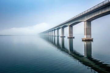 Obraz premium Long concrete bridge over calm water in foggy weather