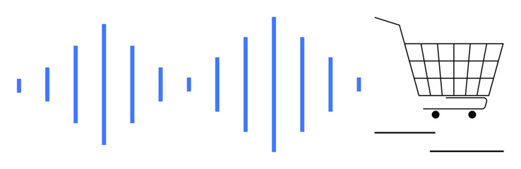Black shopping cart next to blue sound waves suggesting audio-commerce integration. Ideal for e-commerce, technology, shopping, online retail, and audio marketing. Simple, clean, modern style