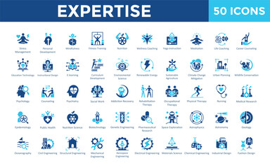 Expertise icon set with stress management, personal development, mindfulness, fitness training, nutrition, wellness coaching, yoga instruction, meditation, life coaching icon. Simple flat vector 
