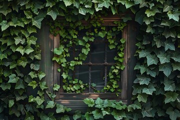green ivy on the window of an old stone house in Ukraine