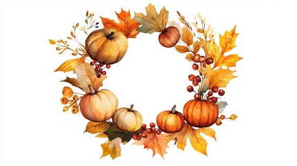 Artistic watercolor of a fall wreath made of leaves, berries, and small pumpkins, symbolizing Thanksgiving.