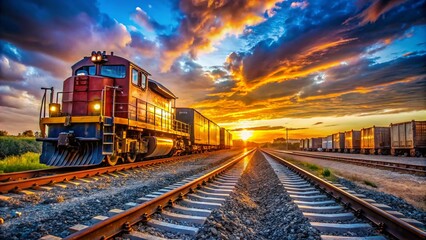 Fototapeta premium Railway Freight Train at Junction on Sunny Summer Day - Wide Low Angle Shot Capturing Industrial Transportation