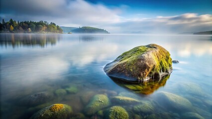 Fototapeta premium Long exposure of water around rock in lake with foggy background and seaweed