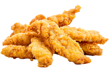 A pile of chicken strips isolated on a white, PNG background