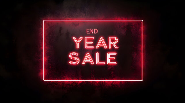 Elegant red neon light frame displaying END YEAR SALE text above a dark background, exuding a modern and sophisticated retail ambiance.