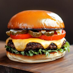 Overhead shot of a gourmet cheeseburger with all toppings, served on a wooden board, street market vibes