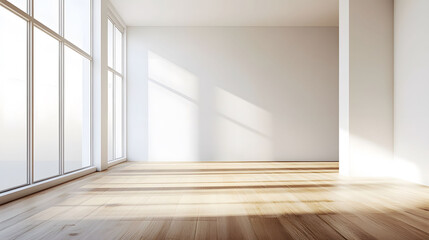 Obraz premium Modern minimalist interior, white walls, sleek wooden flooring, abundant natural light, inviting and airy atmosphere