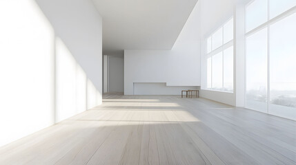 Fototapeta premium Modern minimalist interior, white walls, sleek wooden floor, bright light, open space, clean lines, serene atmosphere