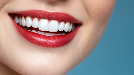 Fototapeta premium Close up of Perfect White Teeth and Red Lips Healthy Smile Concept