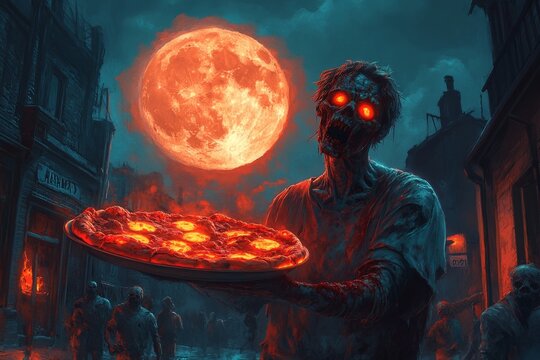 A zombie serving a pizza under a glowing full moon in a eerie, dark street atmosphere.