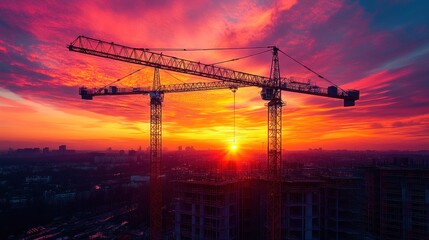 Two construction cranes silhouetted against a vibrant sunset over a cityscape.