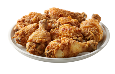 A platter of golden-brown fried chicken, each piece showcasing the perfect texture and crispness  isolated on PNG white background