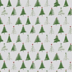 Obraz premium Whimsical doodle seamless pattern of green Christmas trees and festive simple evergreens on a light gray background for winter holidays.