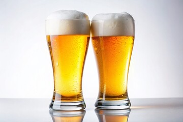 Refreshing Two Glasses of Beer on a White Background Perfect for Celebrations and Social Gatherings in Stock