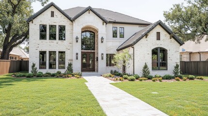 Modern Brick Home with Lush Lawn and Walkway