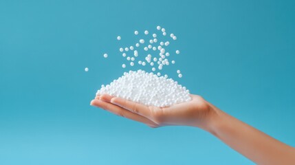 Hand holding white polystyrene foam beads ball drop from Styrofoam machine for fragile stuff packaging box on blue modern luxury background for decoration