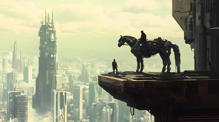 Fototapeta premium the man and his mechanized horse standing on rooftop building in futuristic planet, digital art style, illustration painting. 