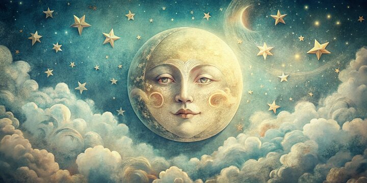 Retro-inspired hand-drawn moon face vector art, exuding distinct aesthetic charm and vintage appeal. Perfect for adding unique artistic flair to your