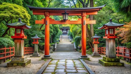 Long shot of a Japanese shrine with red torii gate and stone lantern