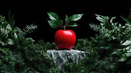 Red Apple on Stone in Lush Greenery   Nature  Still Life   Botanical Photography