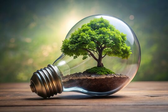 Long shot of a light bulb terrarium with a tree growing inside