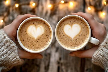 Two cups of coffee with heart-shaped foam art, symbolizing love, connection, and warmth shared over a cozy and intimate coffee moment.