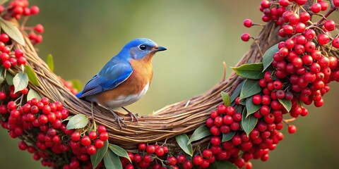Fototapeta premium Long shot of bluebird in heart shaped nest with red berries