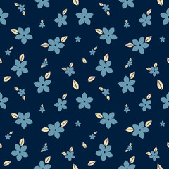Seamless pattern of cute floral and leaf patterns scattered on a blue background for fabric, textiles, clothing, wallpaper, wall art, cover, banner, interior decoration
