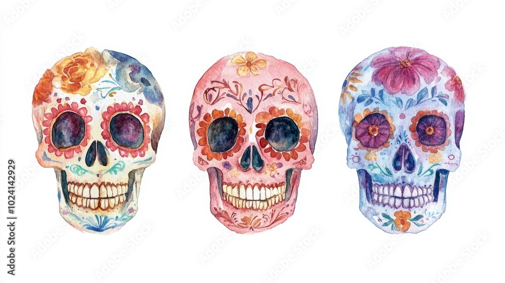 Poster Colorful watercolor Day of the Dead sugar skulls.