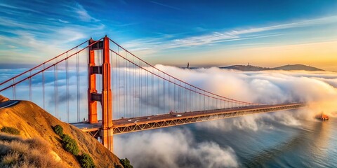 Obraz premium Long shot of Golden Gate Bridge covered in fog during winter in San Francisco, USA
