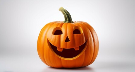 Calabaza con rostro sonriente y divertido, ilustración para diseños de halloween, calabaza divertida con un fondo en color sólido y sombras suaves
