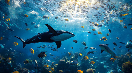 Obraz premium Dreamy underwater scene, vibrant fish swimming in blue water, surrounded by colorful marine life, evoking the visual style of The Fall