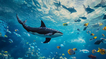 Obraz premium Dreamy underwater realm, vibrant fish swimming amidst colorful marine life, killer whales and dolphins in a blue sea backdrop.