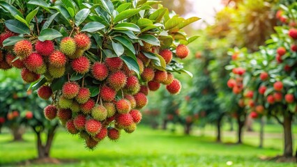 Obraz premium Long shot of rambutan on green tree in organic garden, symbolizing harmony between agriculture and nature