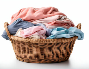 laundry basket with clothes.a wicker basket filled with freshly washed laundry, isolated on a white background, focusing on soft pastel-colored clothes for a clean and fresh aesthetic.  