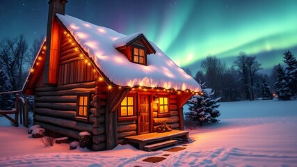 Enchanting Northern Lights Display Over Winter Cottage