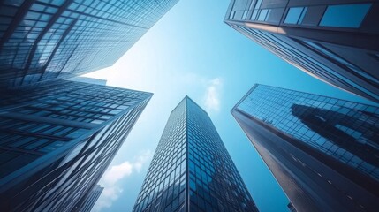 A city skyline of modern skyscrapers, viewed from below, stretching high into the sky, symbolizing corporate growth and business opportunities.