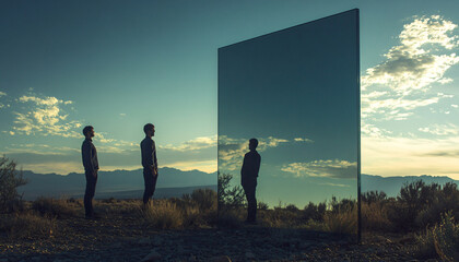 Fototapeta premium Photograph people standing next to large mirrors outdoors, blending reflections of the sky or landscape with their form to create a surreal, alternate reality effect