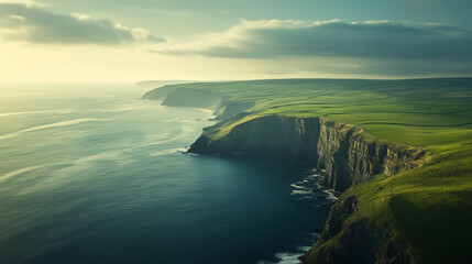 A serene view of the Irish coastline, with rugged cliffs meeting the sea, green fields stretching...