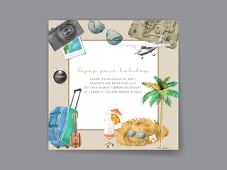 Illustration of postcard with travel and vacation watercolor