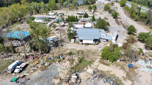 Drone shot of debris, along the French Broad River, 1 week after tropical storm Helene.